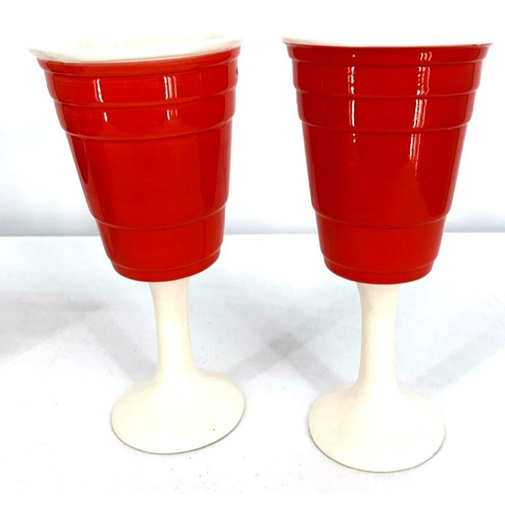 Red Solo Cup Living Reusable Stem Wine Cup Red Barware Ceramic 8" Lot of 2